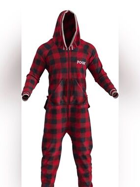 Red and Black Buffalo Plaid Hooded One-Piece for Men